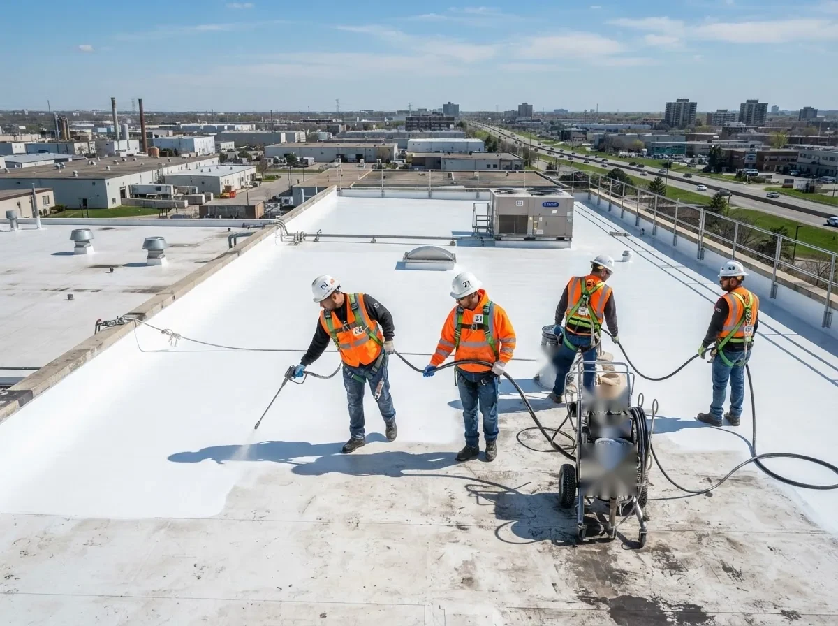 Crew applying a roof coating on a flat commercial roof